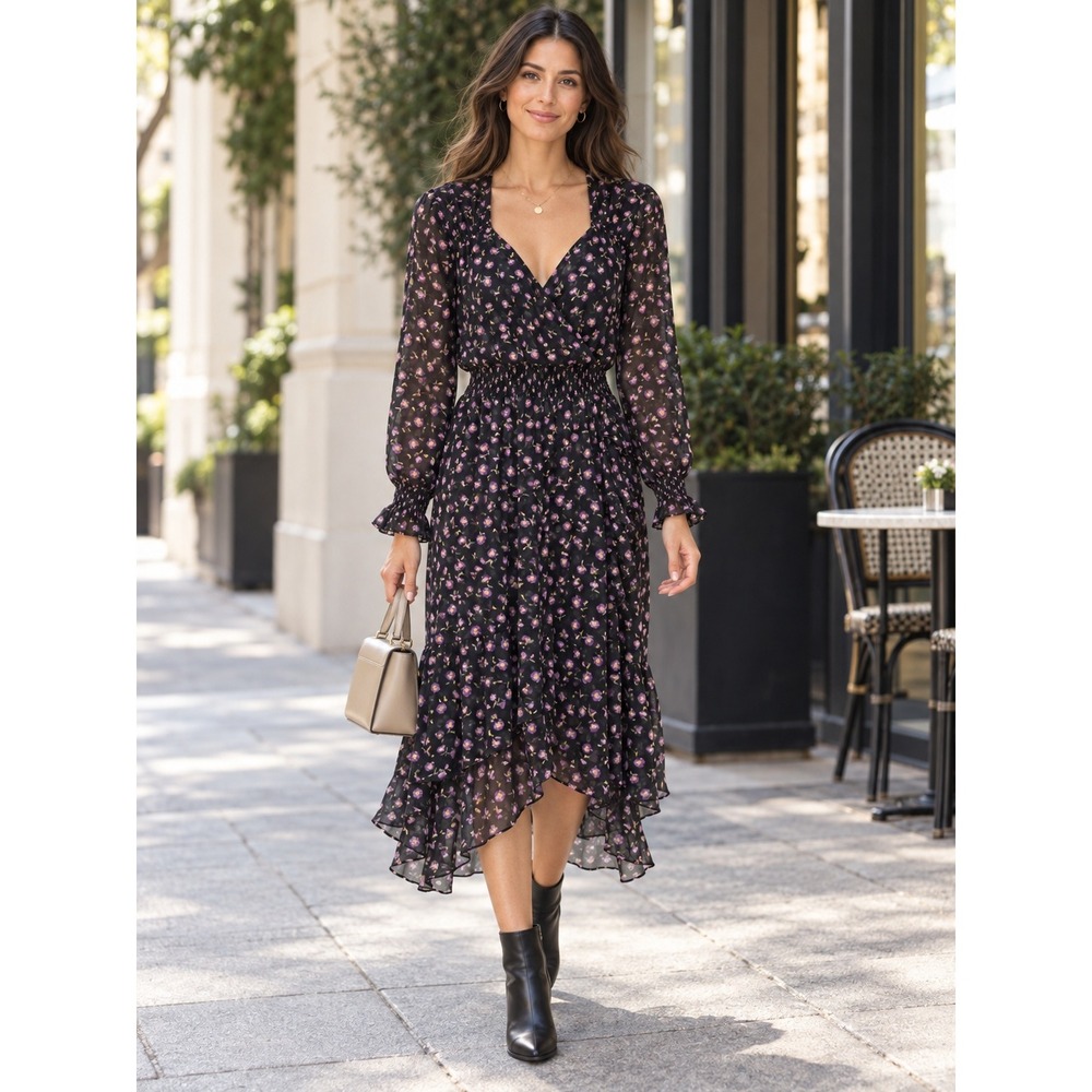Intermix Black Purple Floral Silk Midi Dress 4 Cottagecore Whimsigoth Romantic